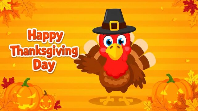 A cartoon turkey in a pilgrim hat, pumpkins, and falling leaves on an orange background