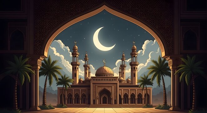 Ramadan kareem eid mobarak a crescent moon night at the mosque