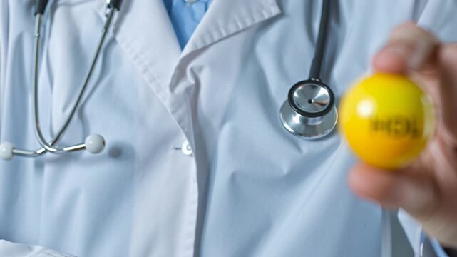 4k video of a doctor holding an HDL. Concept of cholesterol checkup.