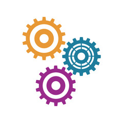 Fototapeta premium Three colorful interlocking gears in orange purple and blue