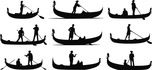 Set of gondola silhouettes with gondoliers rowing traditional Venetian boats, isolated black vector collection showing romantic water transport, classic canal boating illustration design. © MSTALIFNUR
