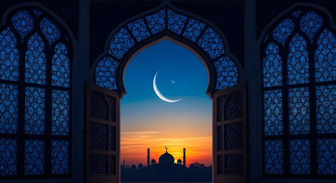 Ramadan kareem eid mobarak crescent moon silhouette at sunset through arched mosque window