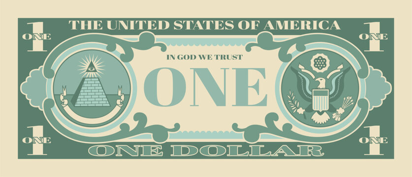 One dollar bill. Paper green banknote template