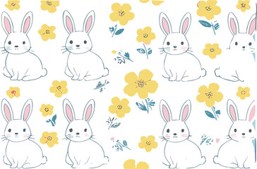 Obraz premium Cute pastel bunny rabbit seamless pattern with yellow flowers hand drawn cartoon animals vector background for kids design