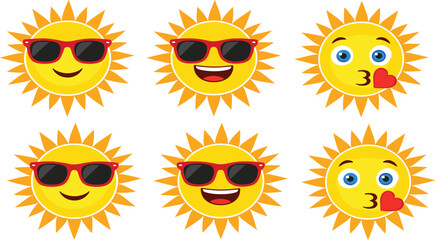 Cute smiling sun emoji characters vector illustration set featuring cartoon summer sunshine faces with funny expressions