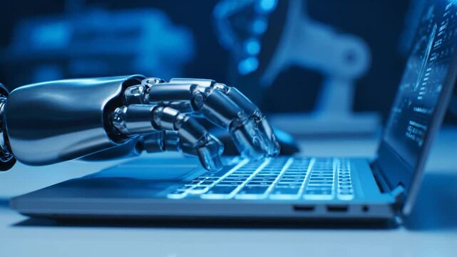 A chrome robot hand types on a laptop keyboard, blue-lit background suggests data processing