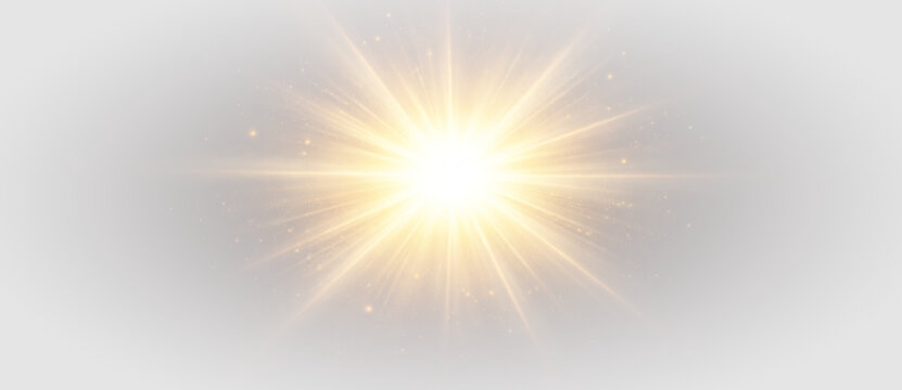 Golden radiant sunburst star with glowing light, luminous halo and modern cosmic fantasy explosion visual effect on transparent background
