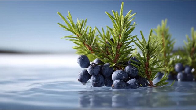 Close-up of green needles and blue berries emerging from rippling blue water. Blue sky in the background