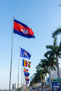 Cambodian flags flying along the Mekong River in Pnom Penh, Cambodia