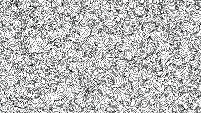Dense and intricate black and white abstract pattern composed of swirling shell like shapes and rhythmic line work for texture.