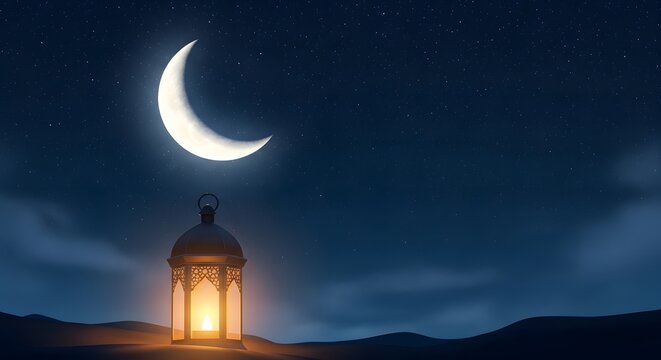 Ramadan kareem eid mobarak a peaceful night with crescent moon and illuminated minaret