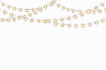 Warm golden string lights with glowing bulbs, festive hanging garland and cozy holiday decoration on transparent background  © Ivan