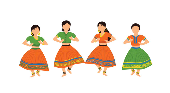 Four women performing an Indian folk dance, wearing colorful traditional skirts, blouses, and jewelry.