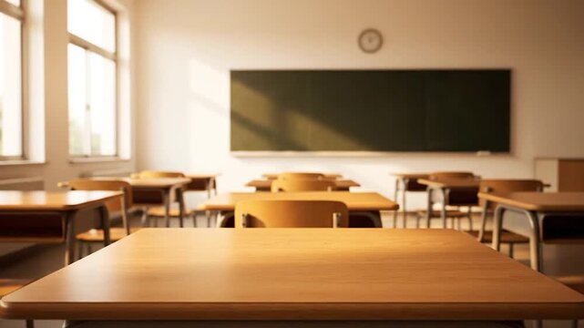 A classroom setting with rows of desks, blackboard, and windows bathed in natural light