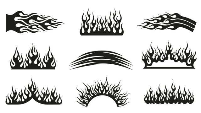 Comprehensive set of black tribal style flame wave and border graphics for automotive decals or tattoo design elements.