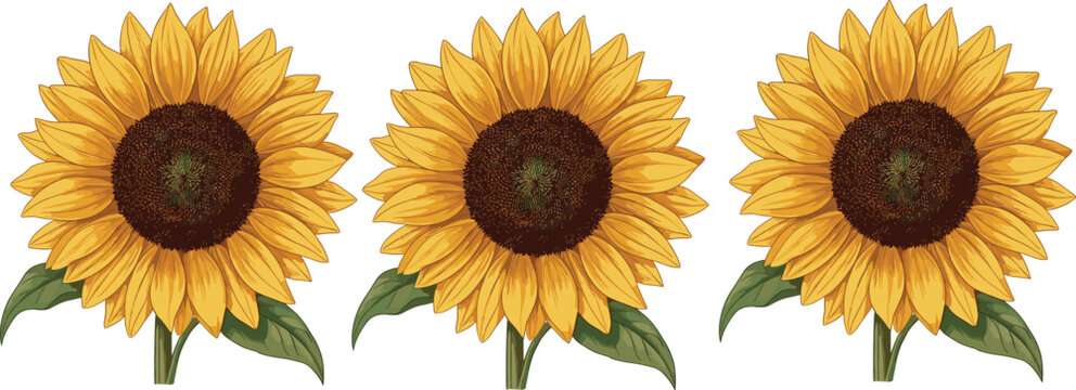 Hand drawn sunflower botanical vector illustration collection featuring bright yellow floral plants isolated decorative nature set