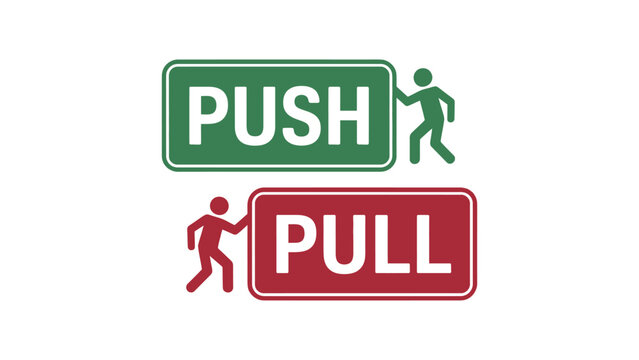 Green push and red pull door signs with white text and simplified human figures symbolizing entry, exit, accessibility, instruction, and safety guidance