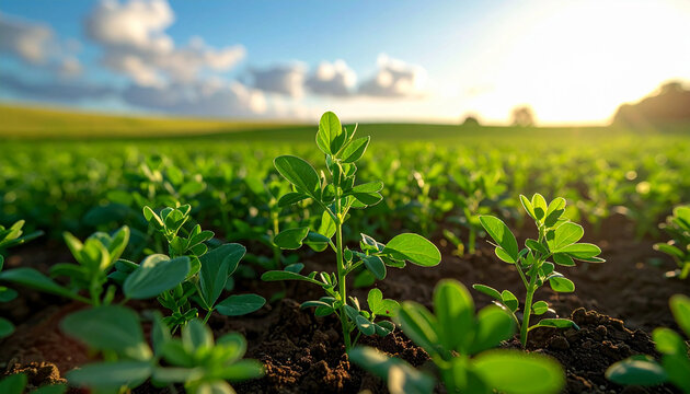 Young green alfalfa plants growing in farm field soil
