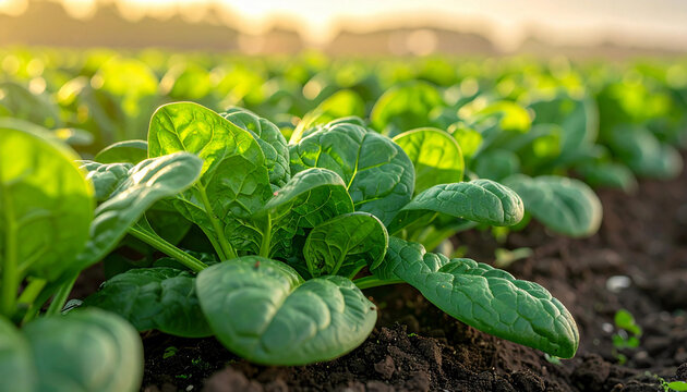 Fresh green spinach plants growing in fertile garden soil