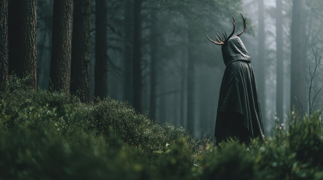 Evil spirit of the forest, hooded creature with deer's antlers