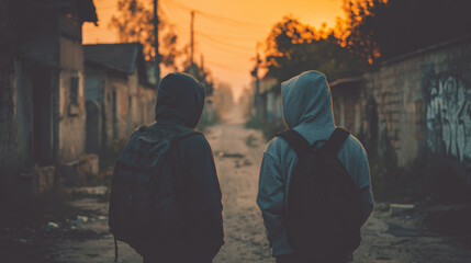 Fototapeta premium Young guys, possibly plugs, discussing sketchy stuff in the street, evening light