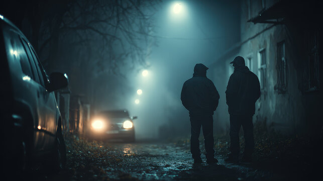 Two gang members talking in the street