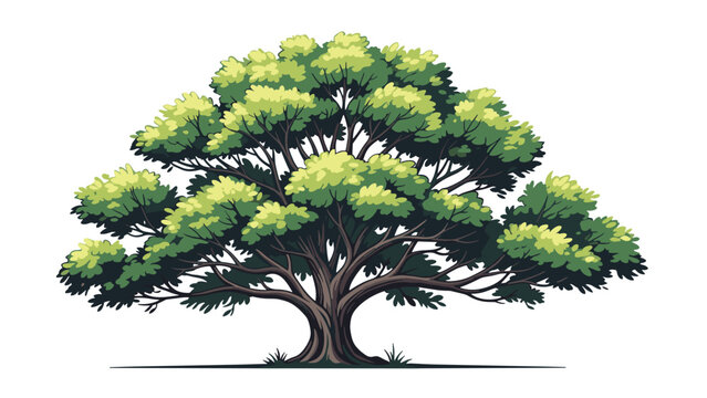 Majestic large tree with a wide spreading green canopy and thick brown trunk in a detailed vector illustration style on white.