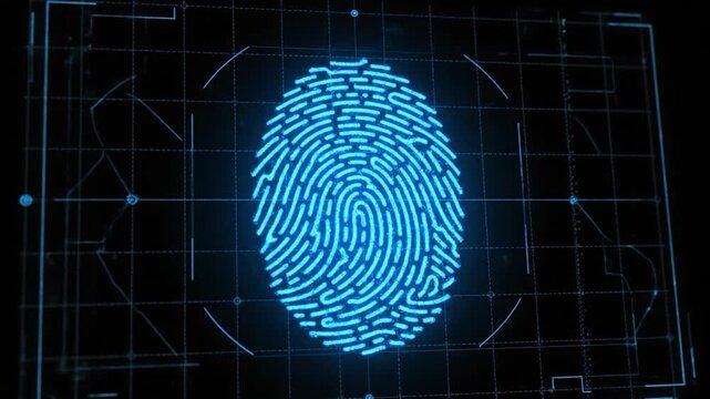A close-up digital rendering of a glowing blue fingerprint on a grid-lined black background