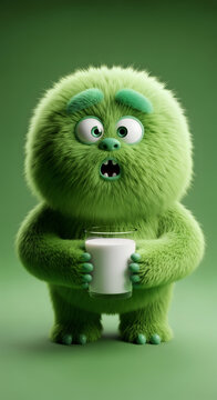 Surprised or scared green furry monster holding milk on green background. Vertical template for kids product or healthy food concept with copy space.