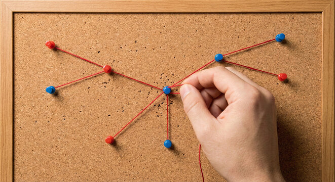 Hand connecting red string on corkboard with push pins