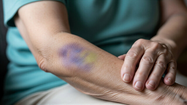 Person holding arm with bruise and yellow spot against neutral background