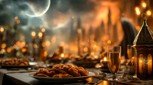 Ramadan banner with lantern glowing with candles and sweets on table, cozy cushions and string lights in background. Ramadan Kareem, Eid Mubarak, hospitality, and cultural celebration concept	
