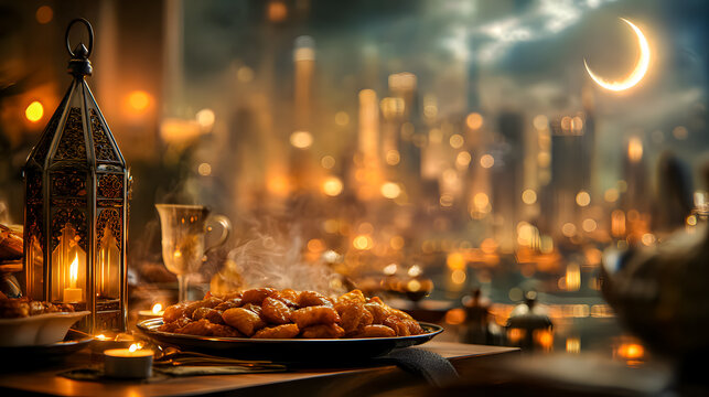 Ramadan banner with lantern glowing with candles and sweets on table, cozy cushions and string lights in background. Ramadan Kareem, Eid Mubarak, hospitality, and cultural celebration concept	
