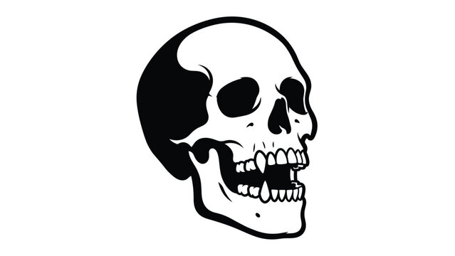 Stylized human skull with prominent vampire fangs shown in a bold black and white graphic illustration style.