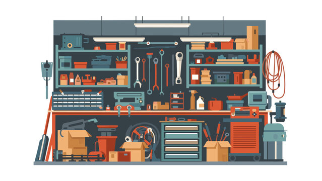 Organized garage workshop with tools and equipment in flat design style