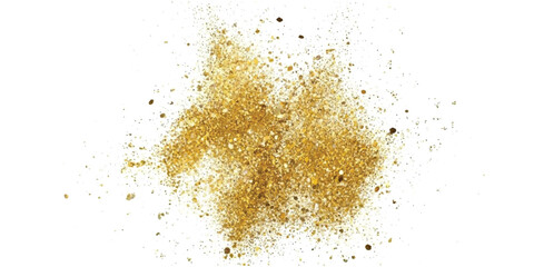 A small pile of golden glitter and fine dust particles scattered on a clean white background.