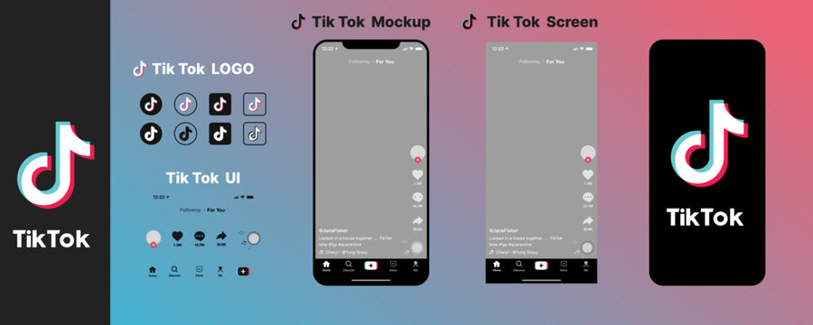 TikTok mockup template with mobile screen layout and TikTok logos on transparent background for short-form content presentation, tik tok logo, icon, stock vector 