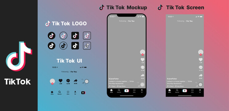 TikTok mockup template with mobile screen layout and TikTok logos on transparent background for short-form content presentation, tik tok logo, icon, stock vector