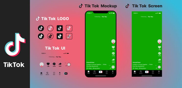 TikTok mockup template with mobile screen layout and TikTok logos on transparent background for short-form content presentation, tik tok logo, icon, stock vector
