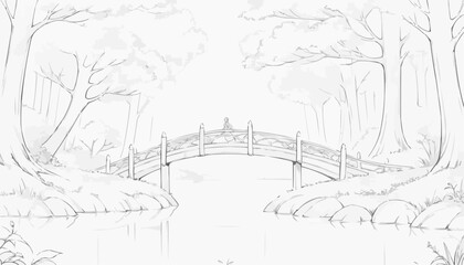 Obraz premium Love bridge in park, serene nature scene for coloring, peaceful landscape