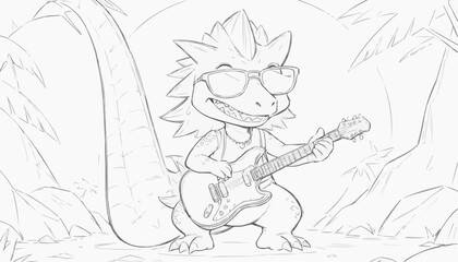 Obraz premium Rockstar dinosaur in stylish sunglasses holding cool guitar, tropical background