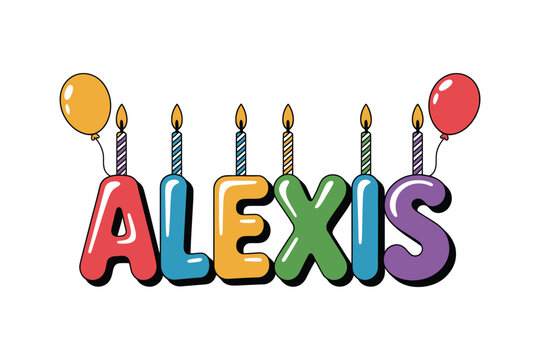 A colorful illustration of the name Alexis with balloons and candles for a birthday celebration