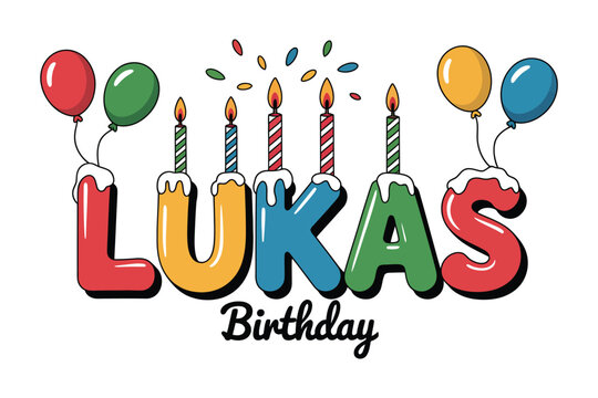 A colorful birthday graphic with the name Lukas and balloons