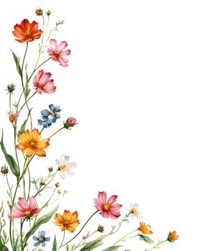Watercolor painting featuring colorful wildflowers and greenery arranged in a diagonal corner