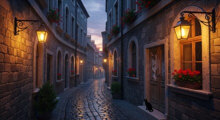 Fototapeta premium Charming Cobblestone Alleyway with Lanterns and Flower Pots