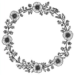 Fototapeta premium Black and white floral wreath illustration with flowers and leaves arranged in a circle