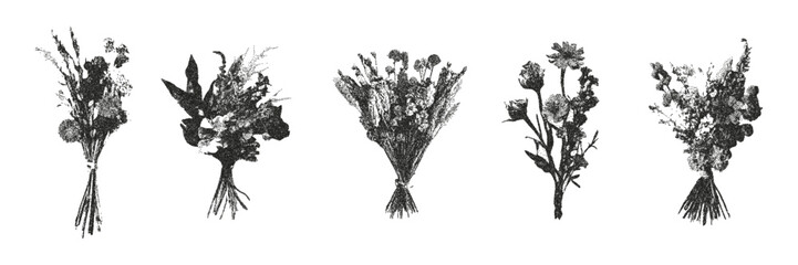 Set dried flowers bouquet retro photocopy effect. The effect of grain and dotted lines. Vector. 