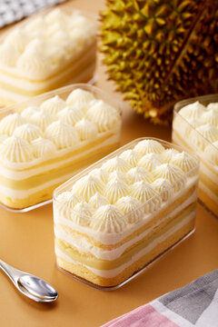 Durian cream box cake on the table with durian,closeup