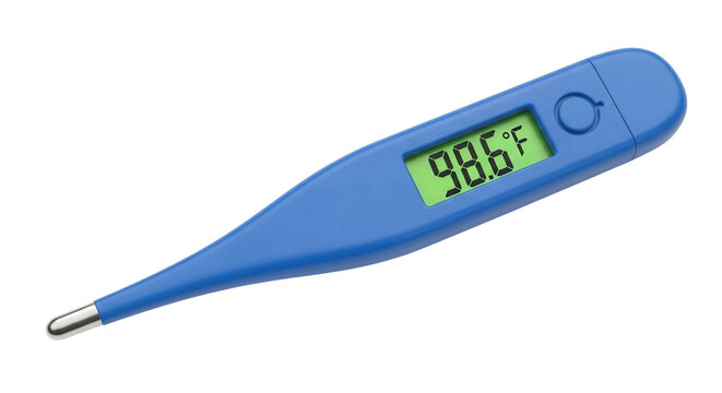 Blue digital thermometer displays 98 6 degrees Fahrenheit