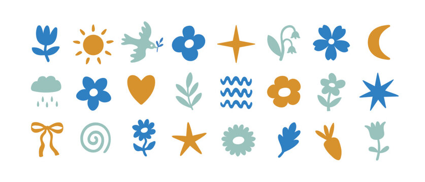 Minimal simple wavy naive groovy doodle spring icons 